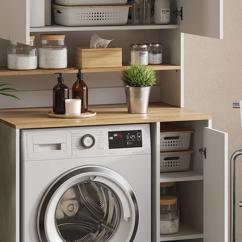 Close-up van Wasmachinekast in Wit/Kunstnijverheid, met textuur/details