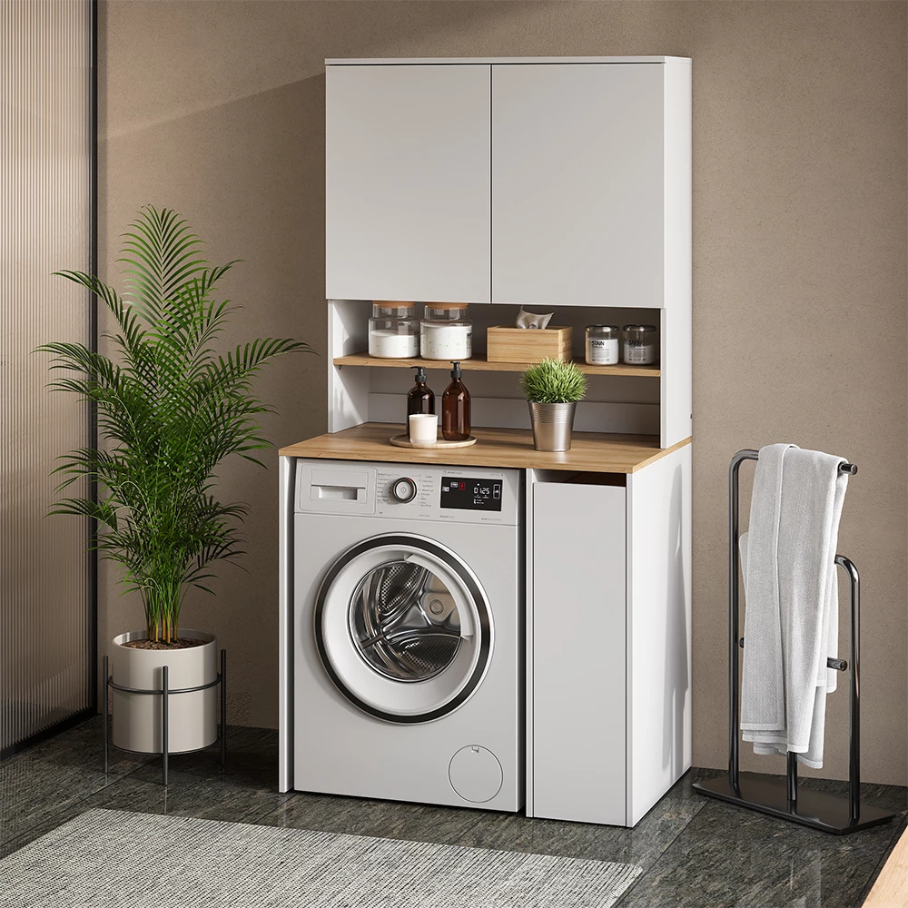 Wasmachinekast in Wit/Kunstnijverheid, getoond in een sfeervolle omgeving met decoratie