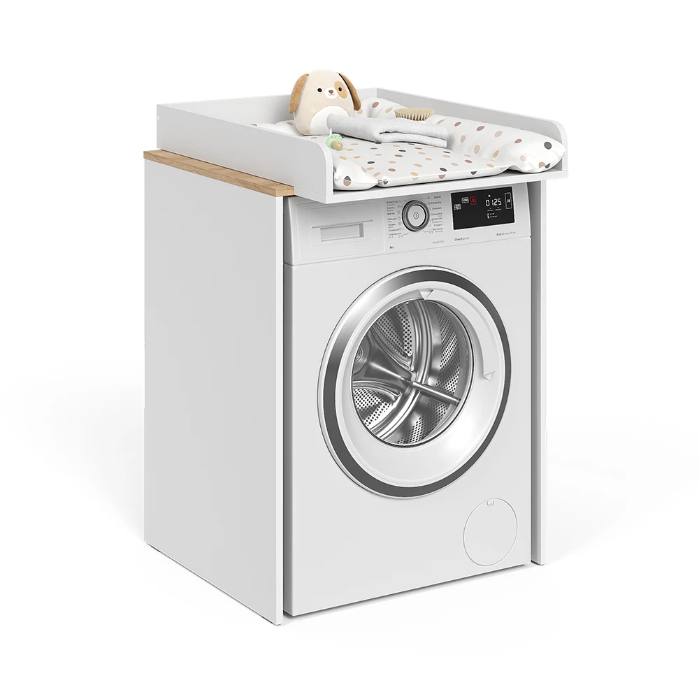 Mobile lavatrice in Bianco/Artisan su sfondo bianco con elementi decorativi