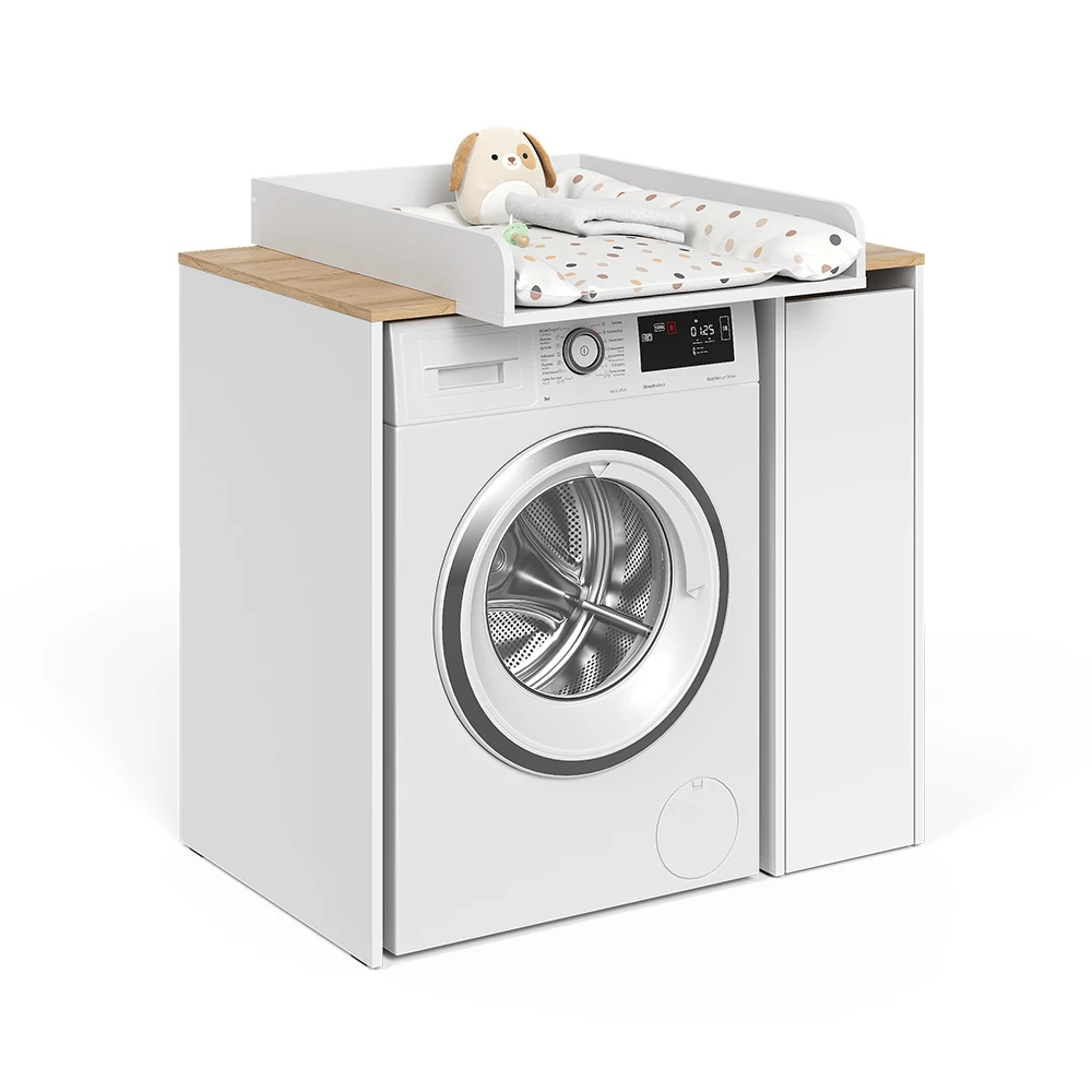 Mobile lavatrice in Bianco/Artisan su sfondo bianco con elementi decorativi