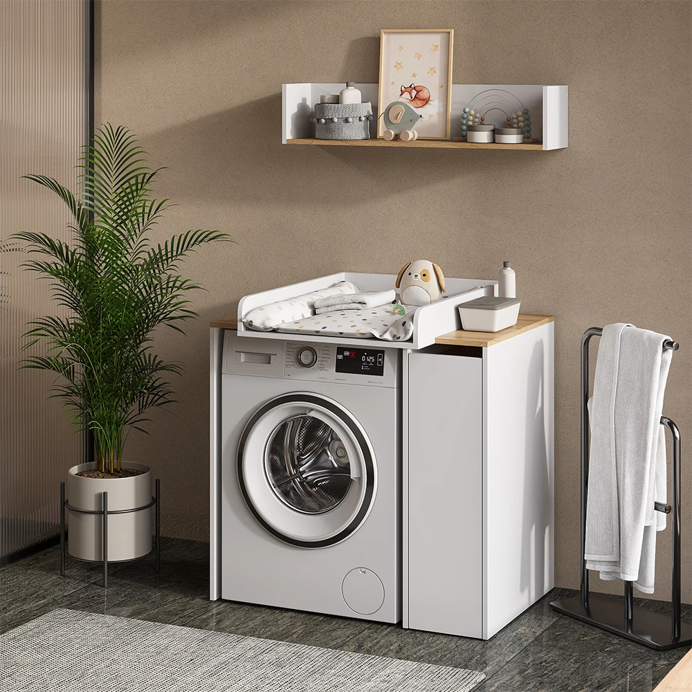 Mobile lavatrice in Bianco/Artisan, mostrato in un ambiente ambientale con decorazioni