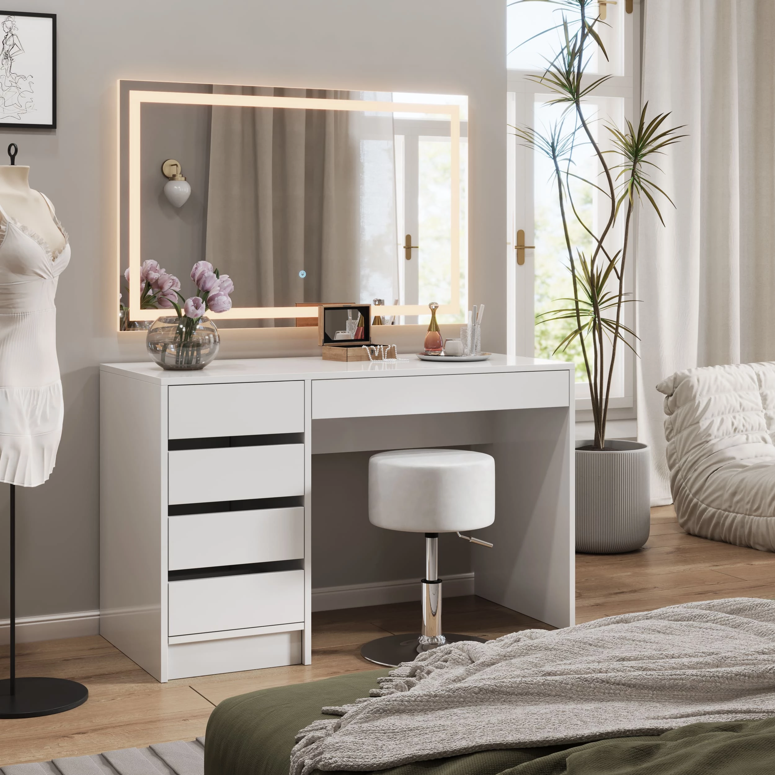 livinity® Hocker Weiß 33.5 x 67 cm für Schminktisch, Design