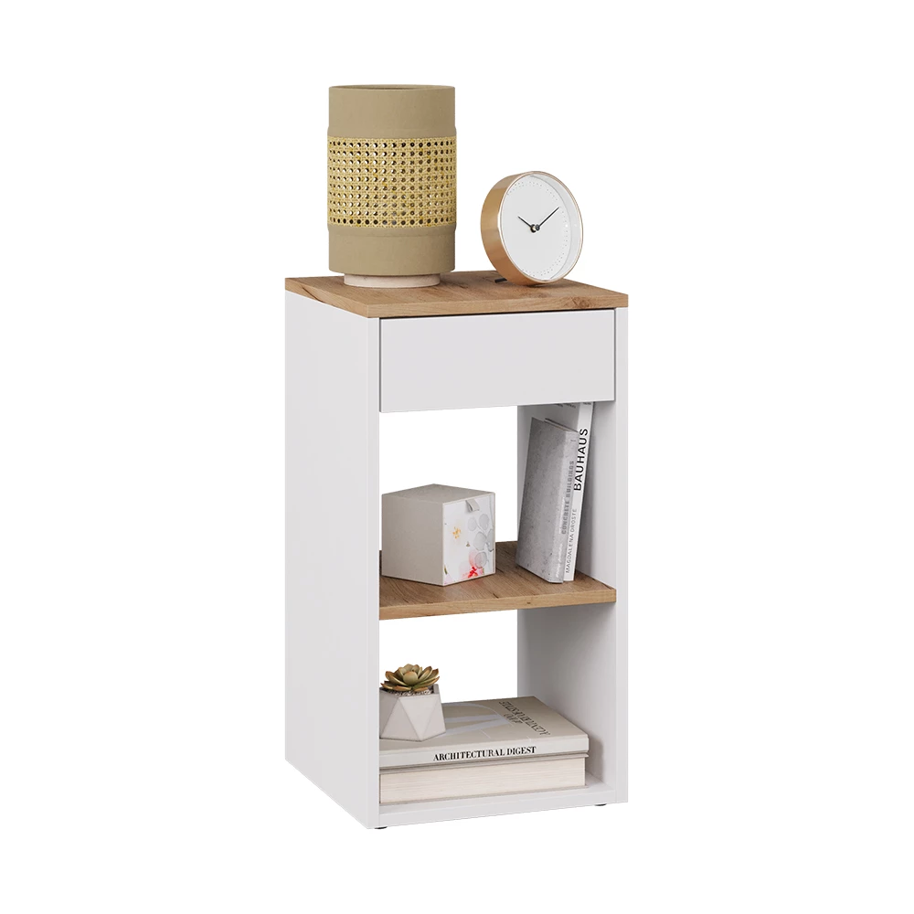 Nachttisch in Weiß/Goldkraft Eiche auf weißem Hintergrund mit dekorativen Elementen