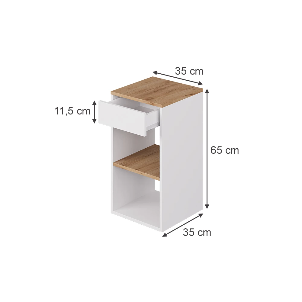 Nachttisch in Weiß/Goldkraft Eiche auf weißem Hintergrund mit sichtbaren Maßen