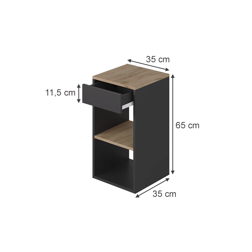 Table de nuit en Anthracite/chêne doré sur fond blanc