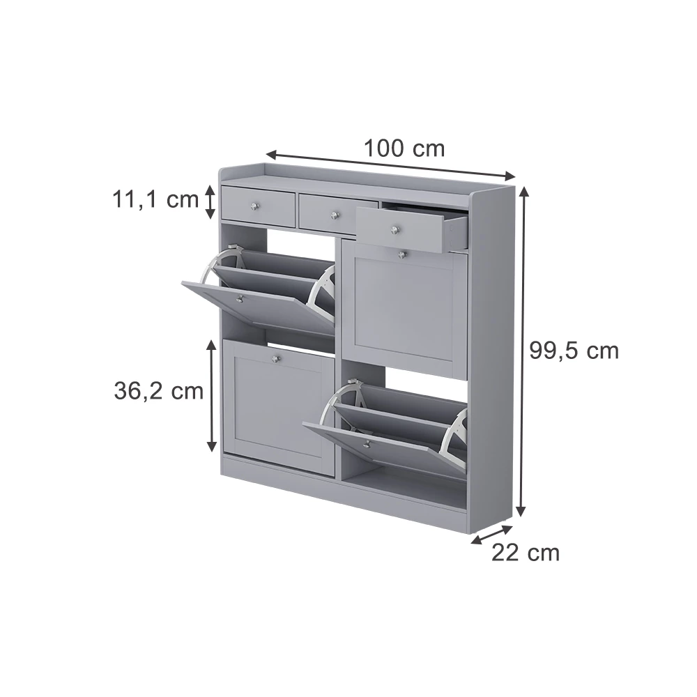 Skotipper i farven Grå på hvid baggrund med synlige dimensioner
