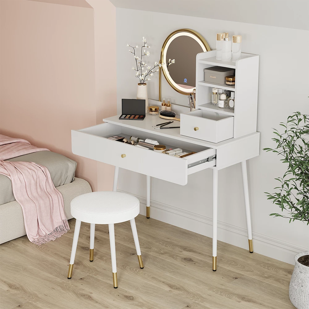 Schminktisch Mirela Weiß 90 cm mit LED-Spiegel und Hocker Vicco