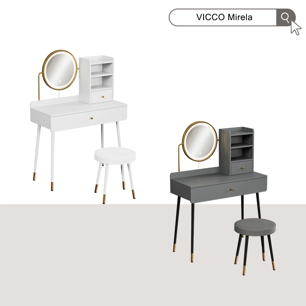 Schminktisch Mirela Grau 90 cm mit LED-Spiegel und Hocker Vicco