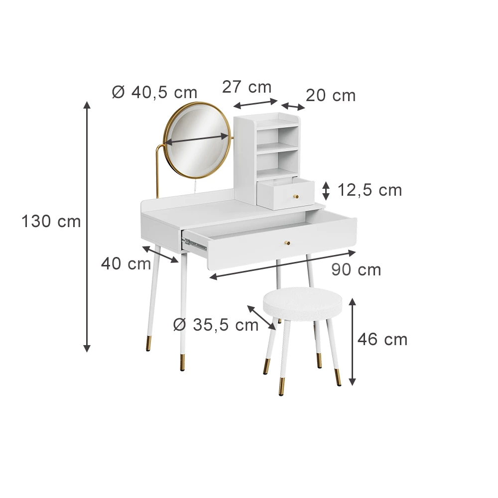 Schminktisch in Weiß auf weißem Hintergrund mit sichtbaren Maßen