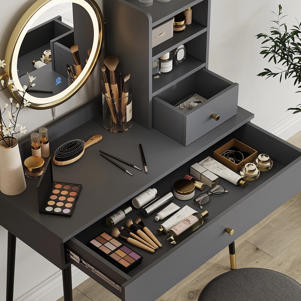 Nahaufnahme von Schminktisch in Grau, zeigt Textur/Details