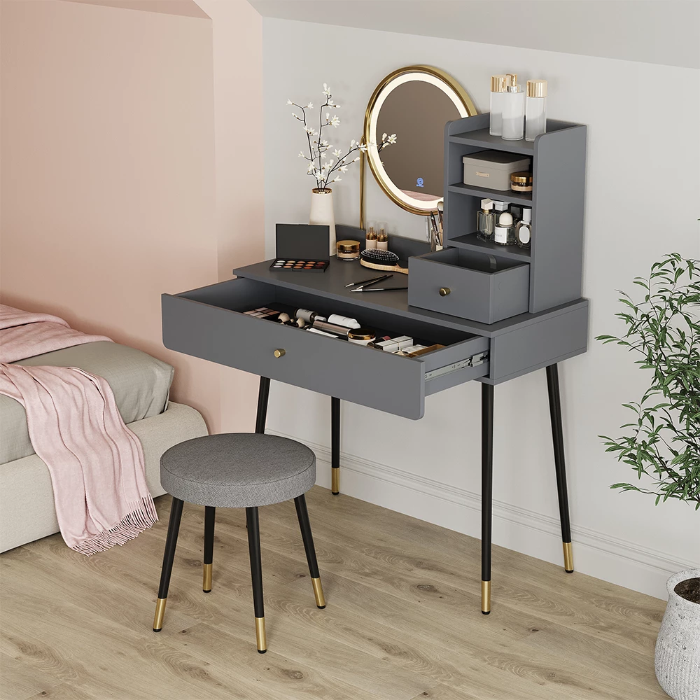 Schminktisch Mirela Grau 90 cm mit LED-Spiegel und Hocker Vicco