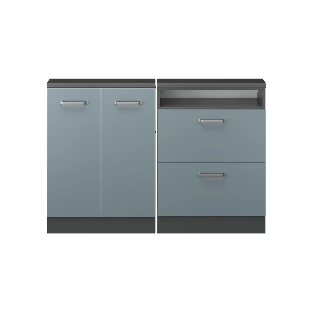 Nahaufnahme von Dachschrägenschrank-Set in Blau-Grau/Anthrazit, zeigt Textur/Details