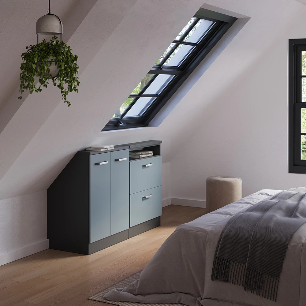 Nahaufnahme von Dachschrägenschrank-Set in Blau-Grau/Anthrazit, zeigt Design- und Oberflächendetails