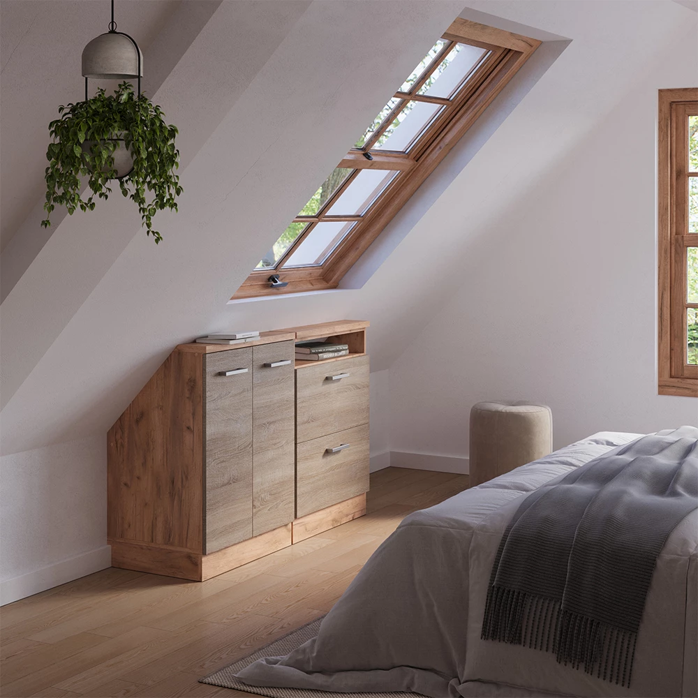 Nahaufnahme von Dachschrägenschrank-Set in Sonoma/Goldkraft Eiche, zeigt Design- und Oberflächendetails