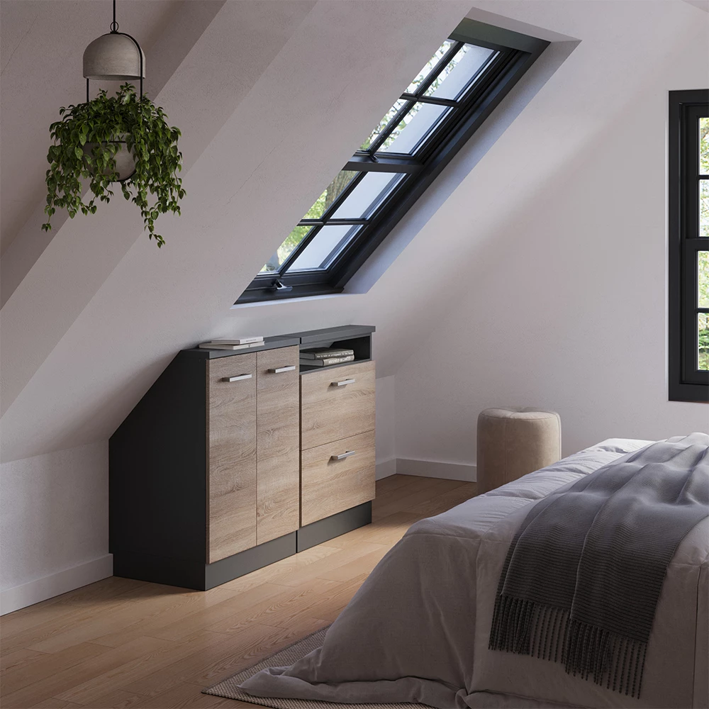 Nahaufnahme von Dachschrägenschrank-Set in Sonoma/Anthrazit, zeigt Design- und Oberflächendetails