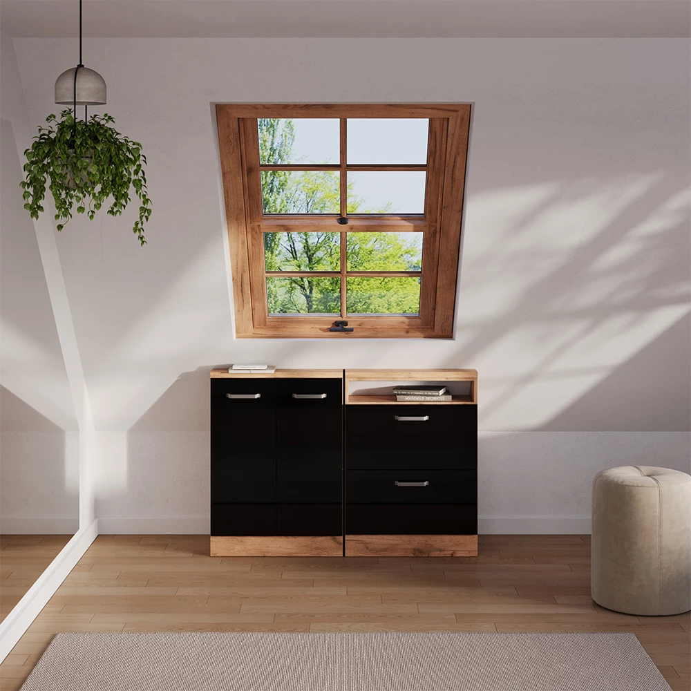 Dachschrägenschrank-Set in Schwarz Hochglanz/Goldkraft Eiche, dargestellt im Ambiente und auf weißem Hintergrund