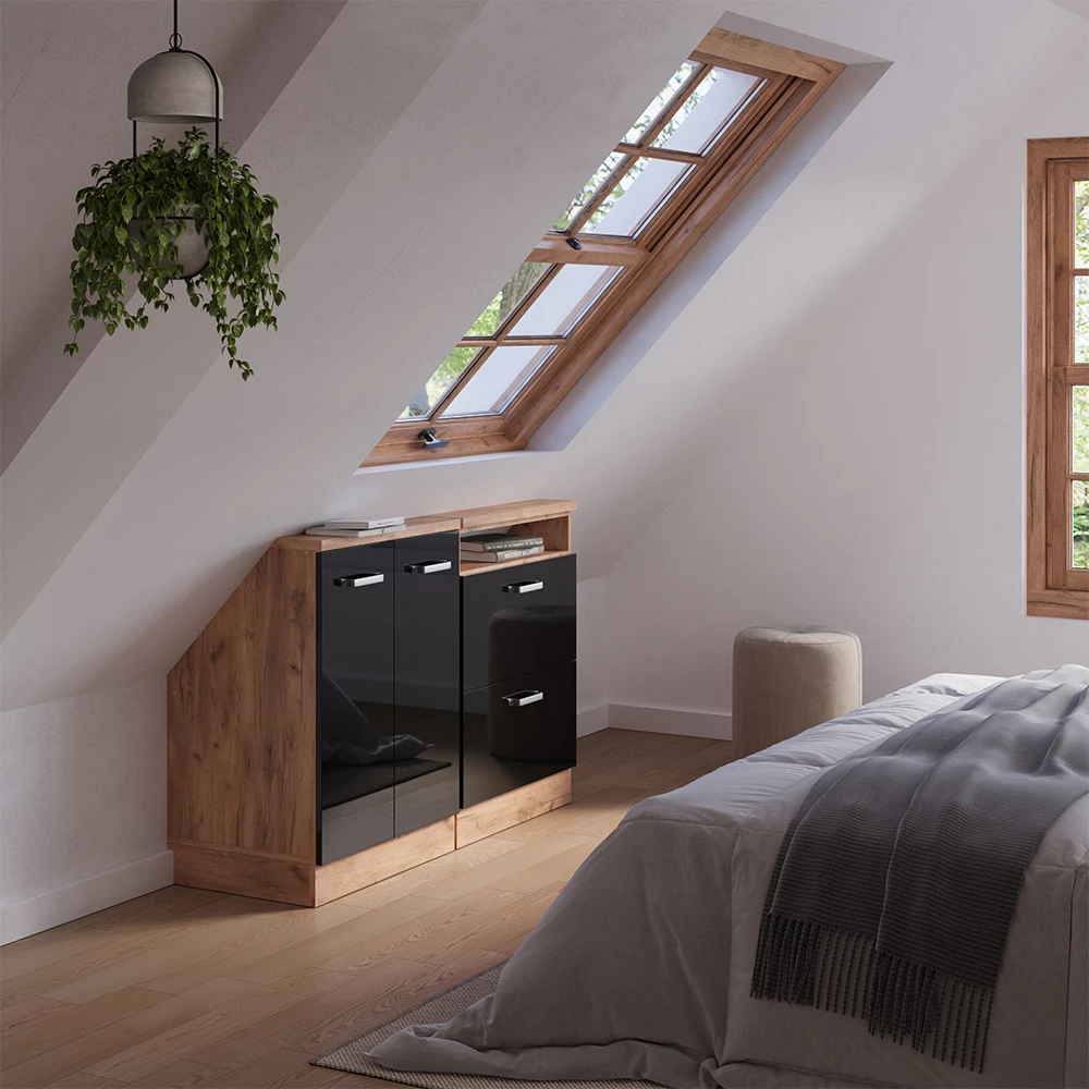 Nahaufnahme von Dachschrägenschrank-Set in Schwarz Hochglanz/Goldkraft Eiche, zeigt Design- und Oberflächendetails