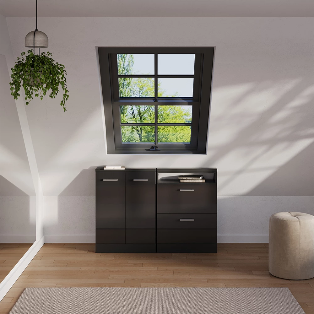 Dachschrägenschrank-Set in Anthrazit Hochglanz/Anthrazit, dargestellt im Ambiente und auf weißem Hintergrund