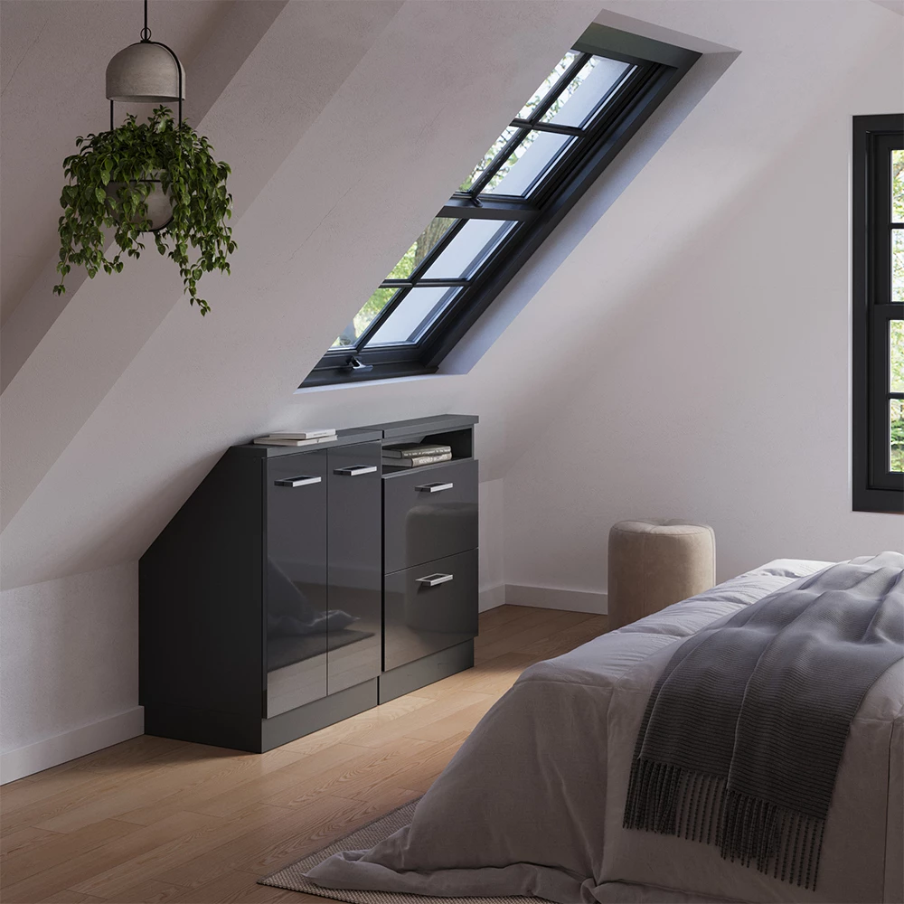 Nahaufnahme von Dachschrägenschrank-Set in Anthrazit Hochglanz/Anthrazit, zeigt Design- und Oberflächendetails