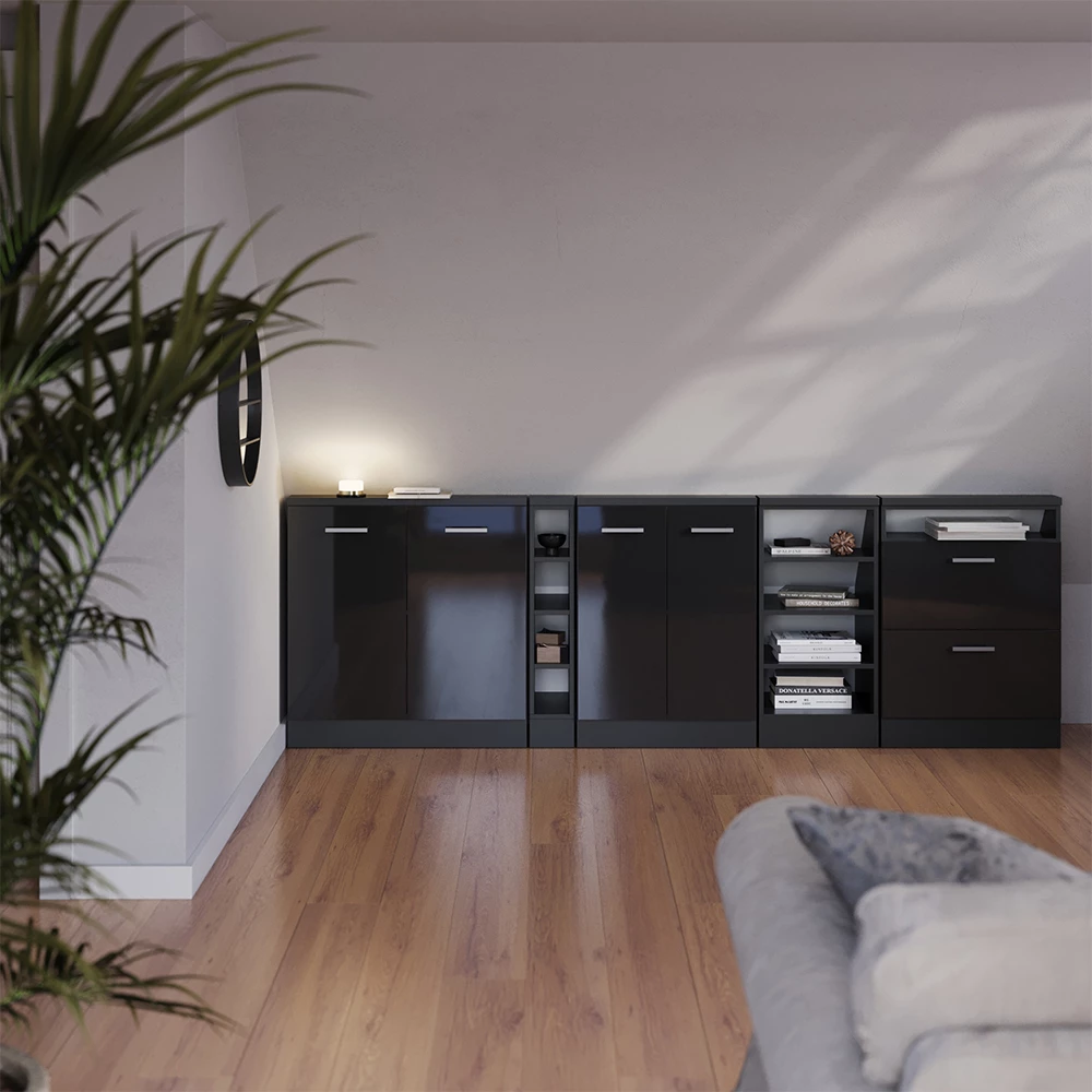 Dachschrägenschrank-Set in Anthrazit Hochglanz/Anthrazit auf weißem Hintergrund mit dekorativen Elementen