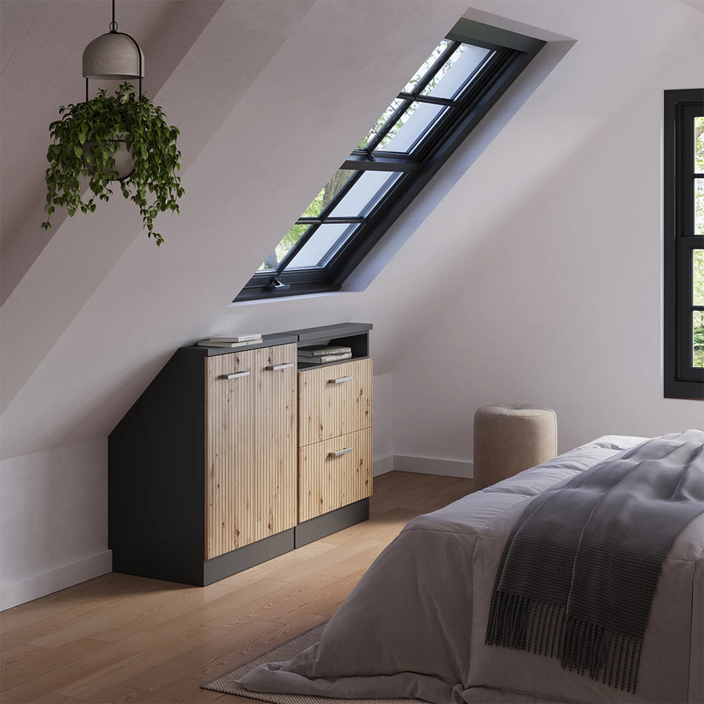 Nahaufnahme von Dachschrägenschrank-Set in Artisan Eiche/Anthrazit, zeigt Design- und Oberflächendetails