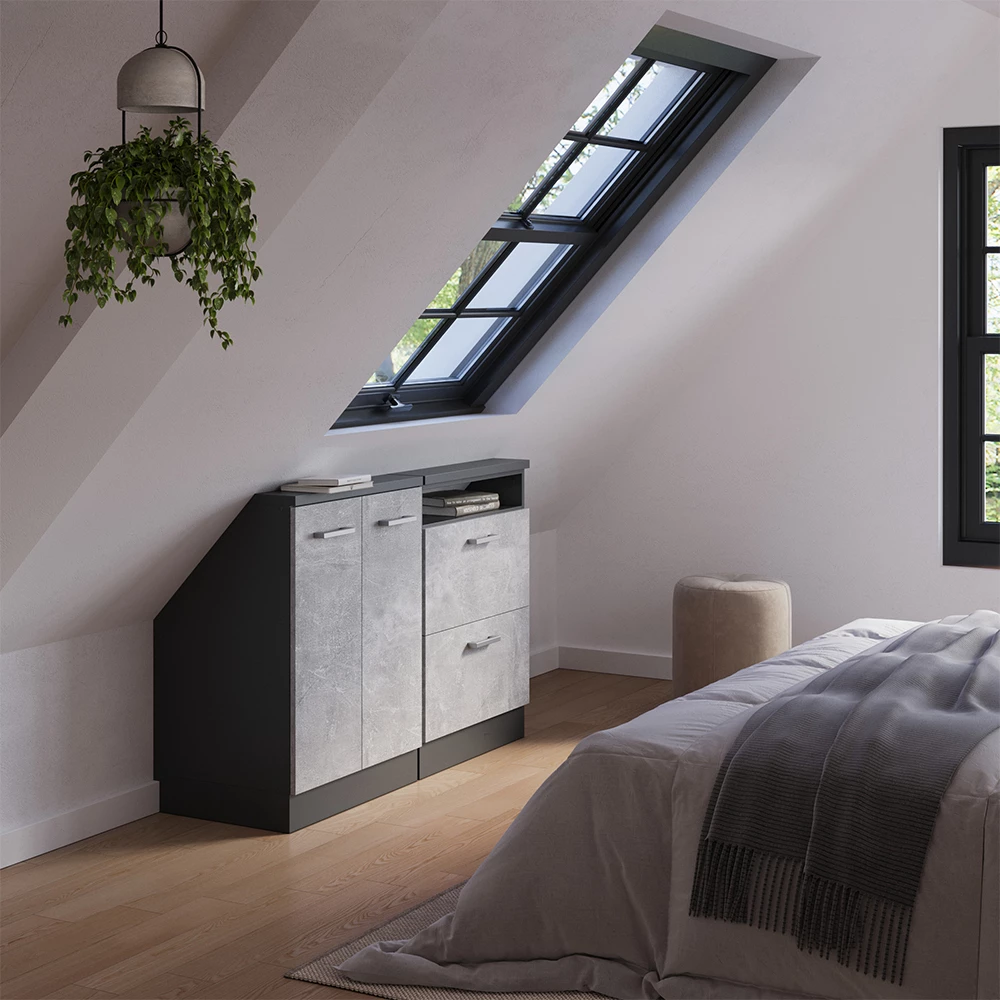 Nahaufnahme von Dachschrägenschrank-Set in Beton/Anthrazit, zeigt Design- und Oberflächendetails