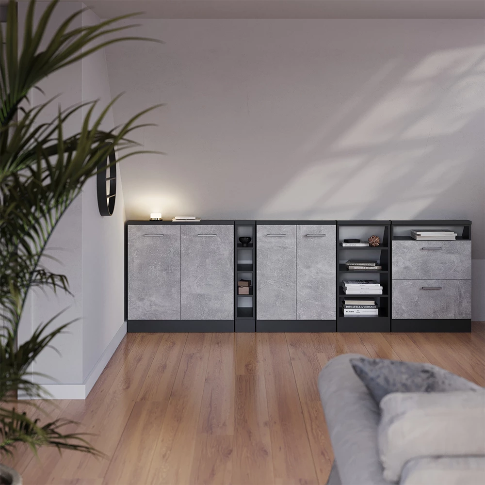 Dachschrägenschrank-Set in Beton/Anthrazit auf weißem Hintergrund mit dekorativen Elementen