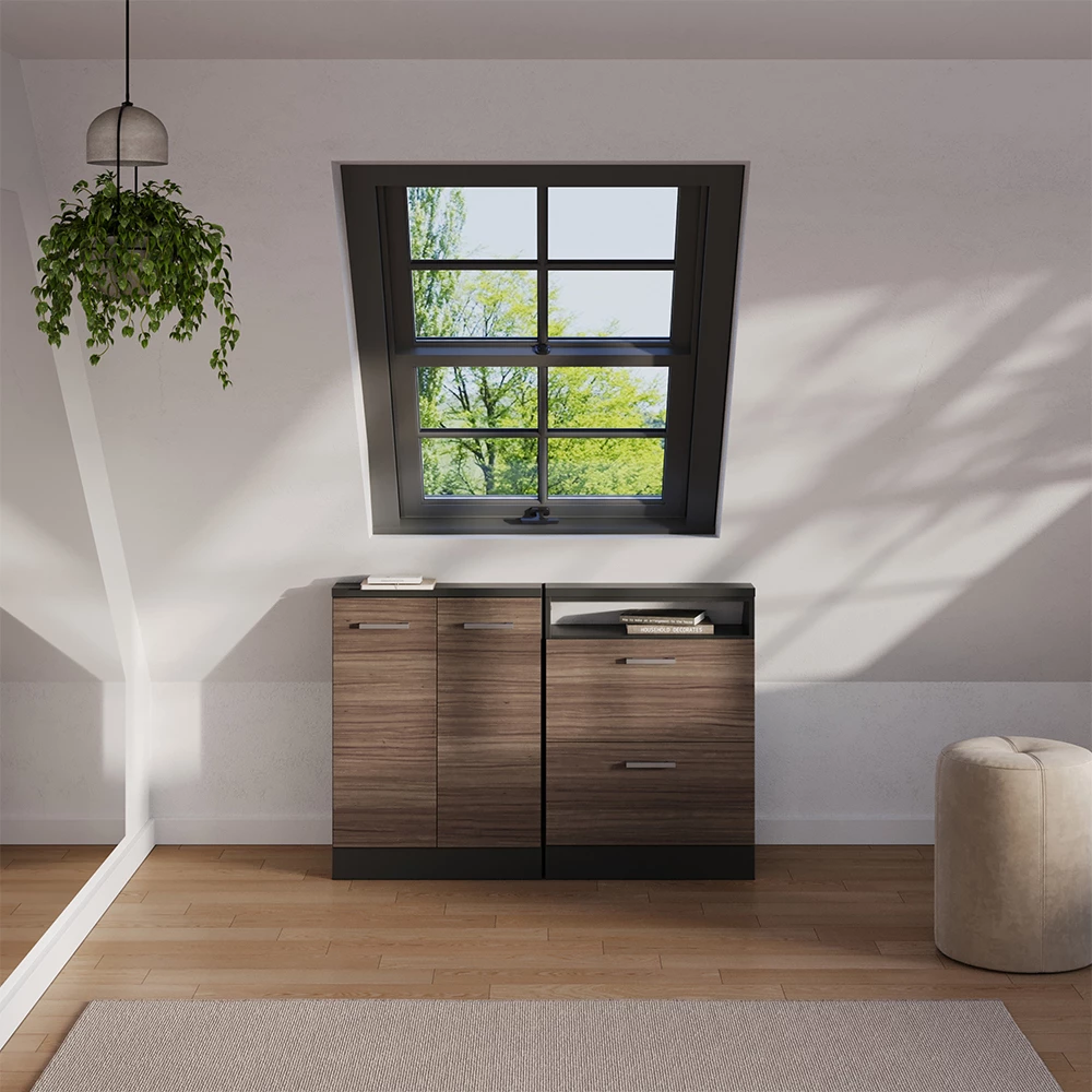 Dachschrägenschrank-Set in Edelgrau/Anthrazit, dargestellt im Ambiente und auf weißem Hintergrund