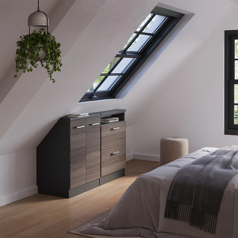 Nahaufnahme von Dachschrägenschrank-Set in Edelgrau/Anthrazit, zeigt Design- und Oberflächendetails