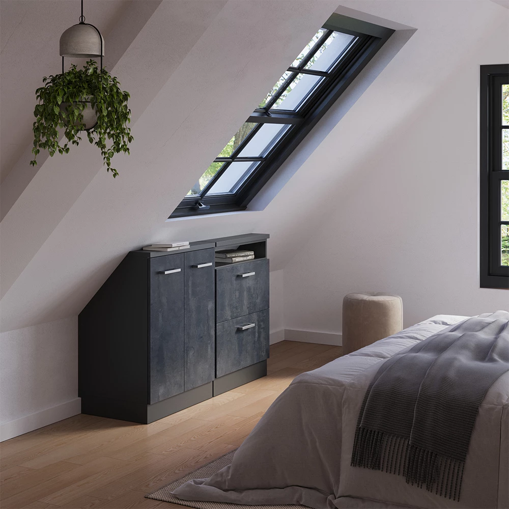 Nahaufnahme von Dachschrägenschrank-Set in Schwarz Beton/Anthrazit, zeigt Design- und Oberflächendetails