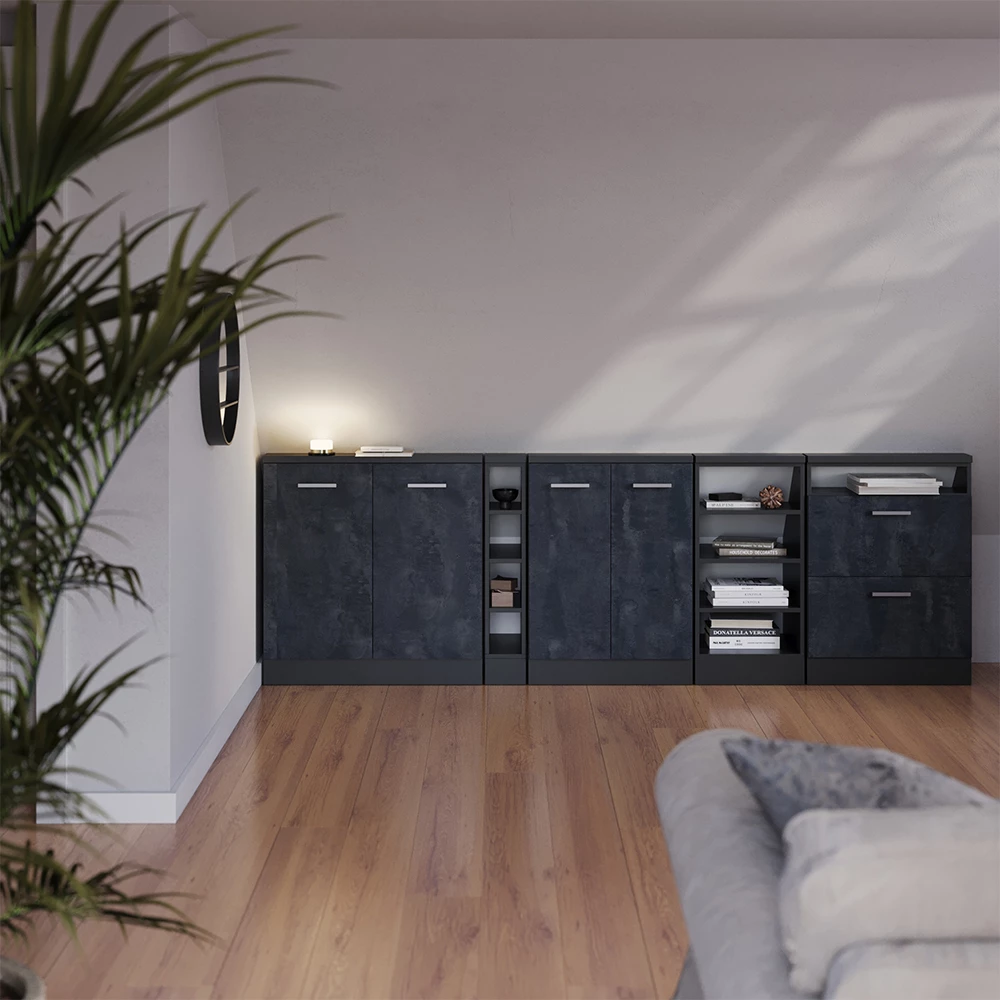 Dachschrägenschrank-Set in Schwarz Beton/Anthrazit auf weißem Hintergrund mit dekorativen Elementen