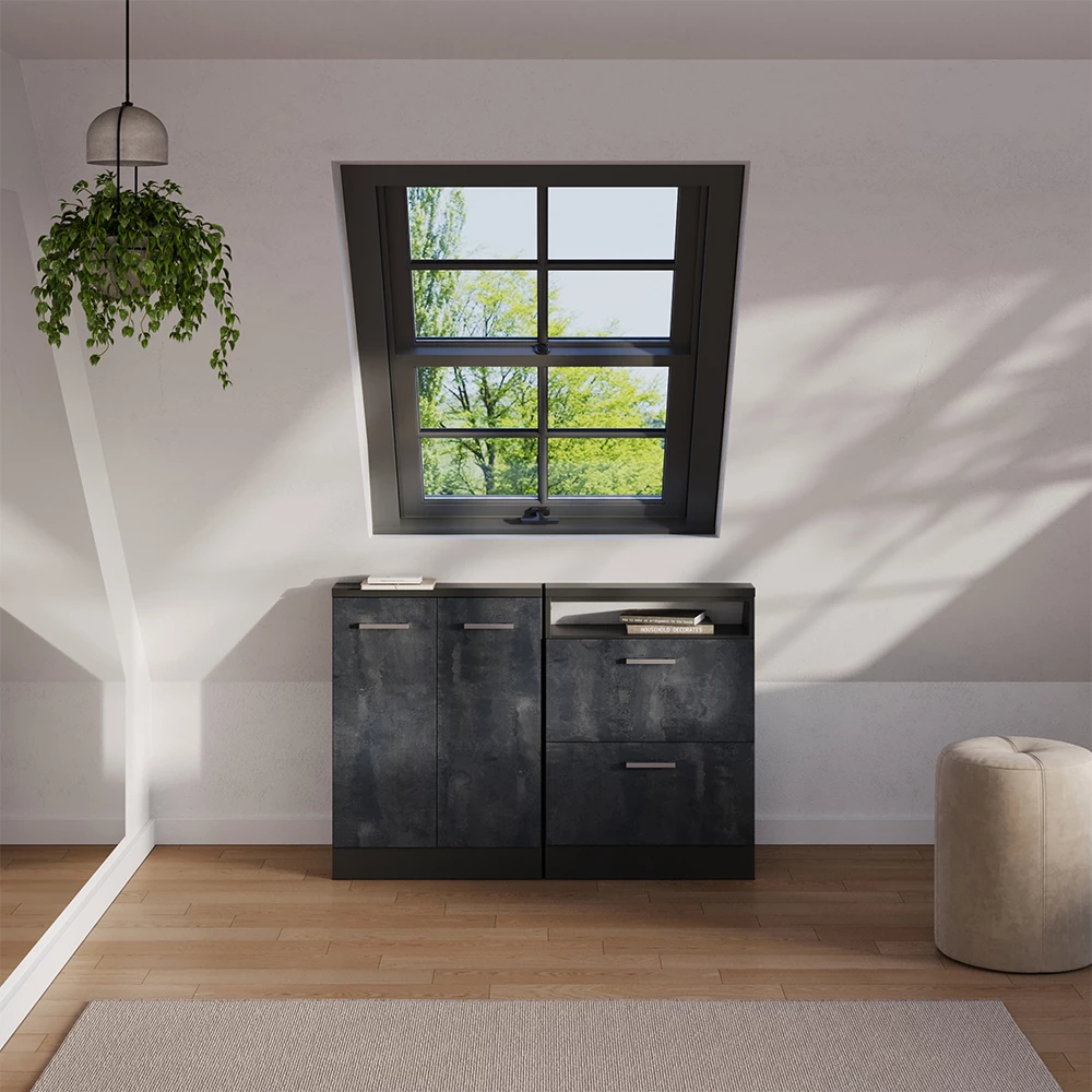 Skriňová súprava so šikmou strechou in Čierny betón/antracit on white background