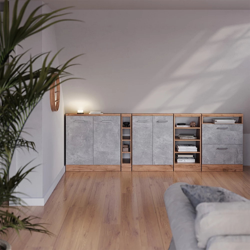 Dachschrägenschrank-Set in Beton/Goldkraft Eiche auf weißem Hintergrund mit dekorativen Elementen