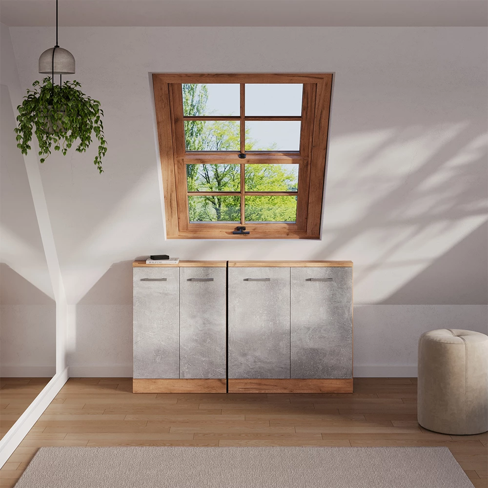 Dachschrägenschrank-Set in Beton/Goldkraft Eiche, dargestellt im Ambiente und auf weißem Hintergrund