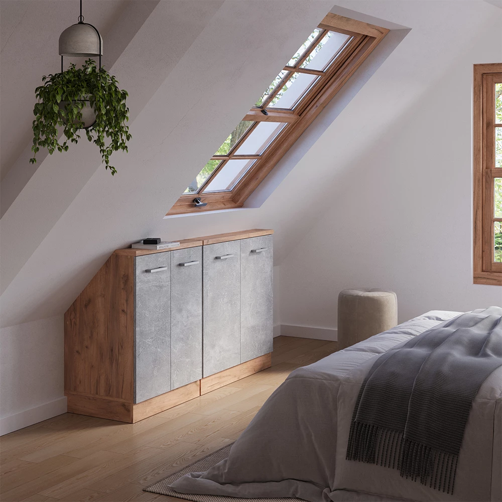 Nahaufnahme von Dachschrägenschrank-Set in Beton/Goldkraft Eiche, zeigt Design- und Oberflächendetails