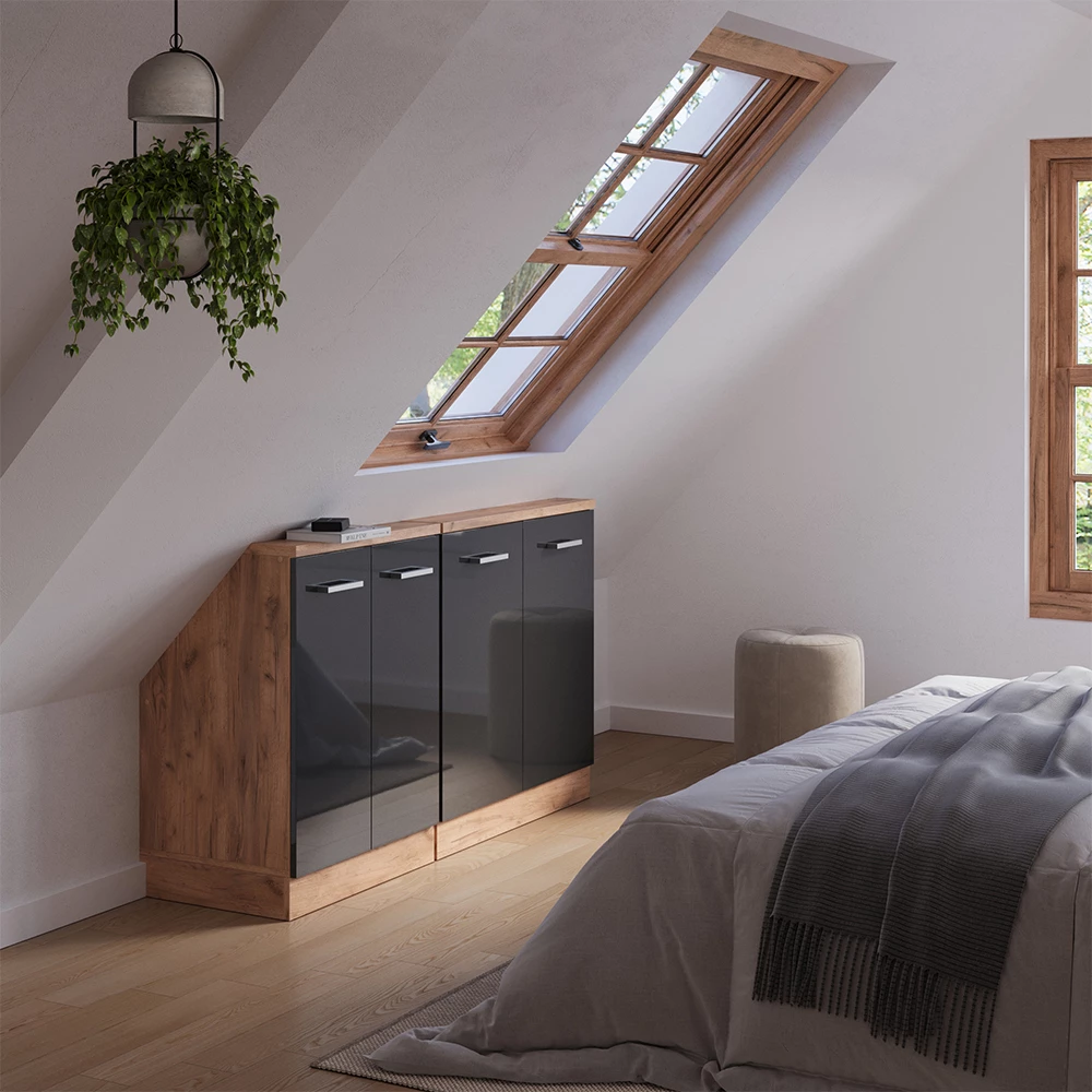 Nahaufnahme von Dachschrägenschrank-Set in Anthrazit Hochglanz/Goldkraft Eiche, zeigt Design- und Oberflächendetails