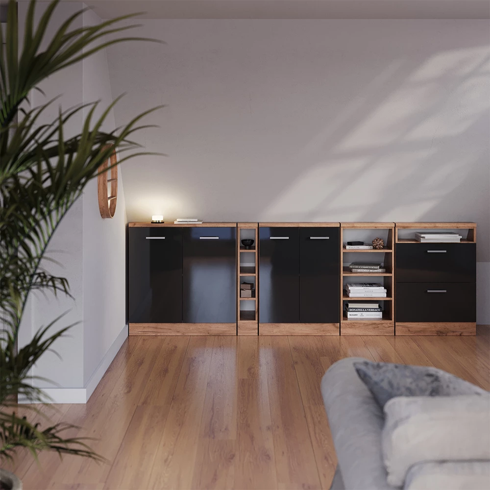 Dachschrägenschrank-Set in Anthrazit Hochglanz/Goldkraft Eiche auf weißem Hintergrund mit dekorativen Elementen