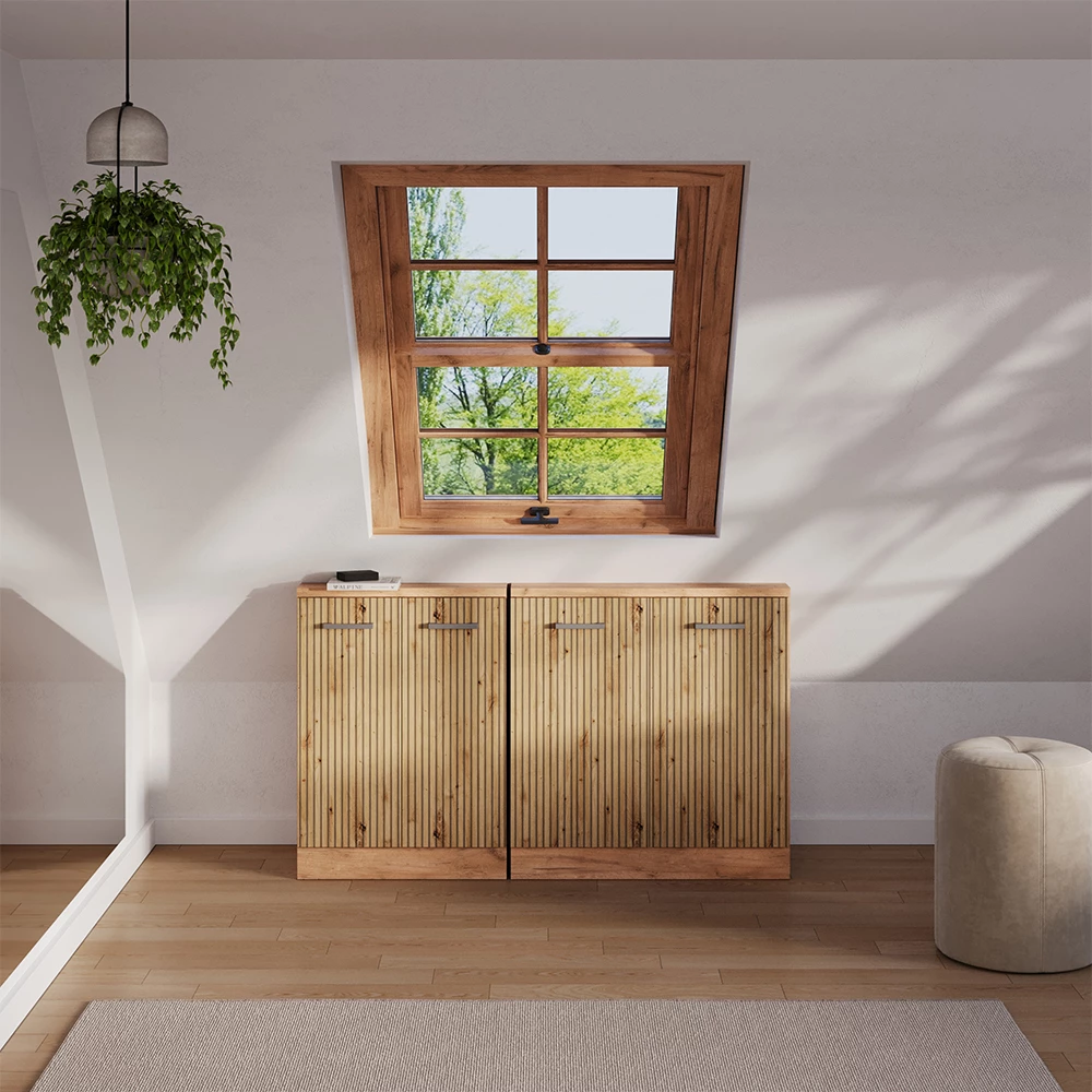 Dachschrägenschrank-Set in Artisan-Eiche/Goldkraft Eiche, dargestellt im Ambiente und auf weißem Hintergrund