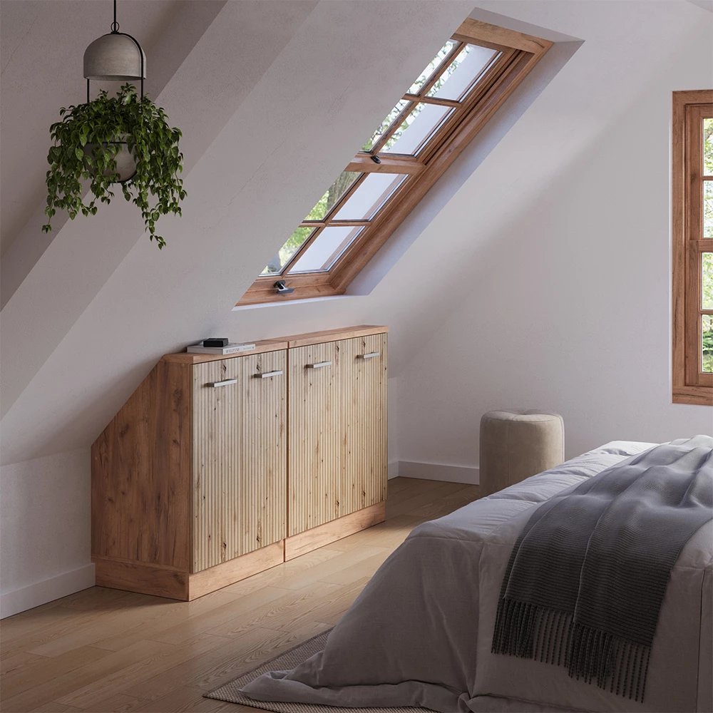 Nahaufnahme von Dachschrägenschrank-Set in Artisan-Eiche/Goldkraft Eiche, zeigt Design- und Oberflächendetails