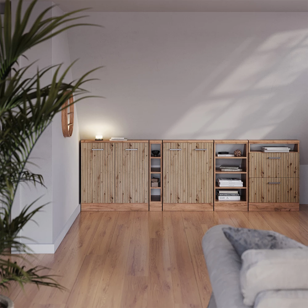 Dachschrägenschrank-Set in Artisan-Eiche/Goldkraft Eiche auf weißem Hintergrund mit dekorativen Elementen