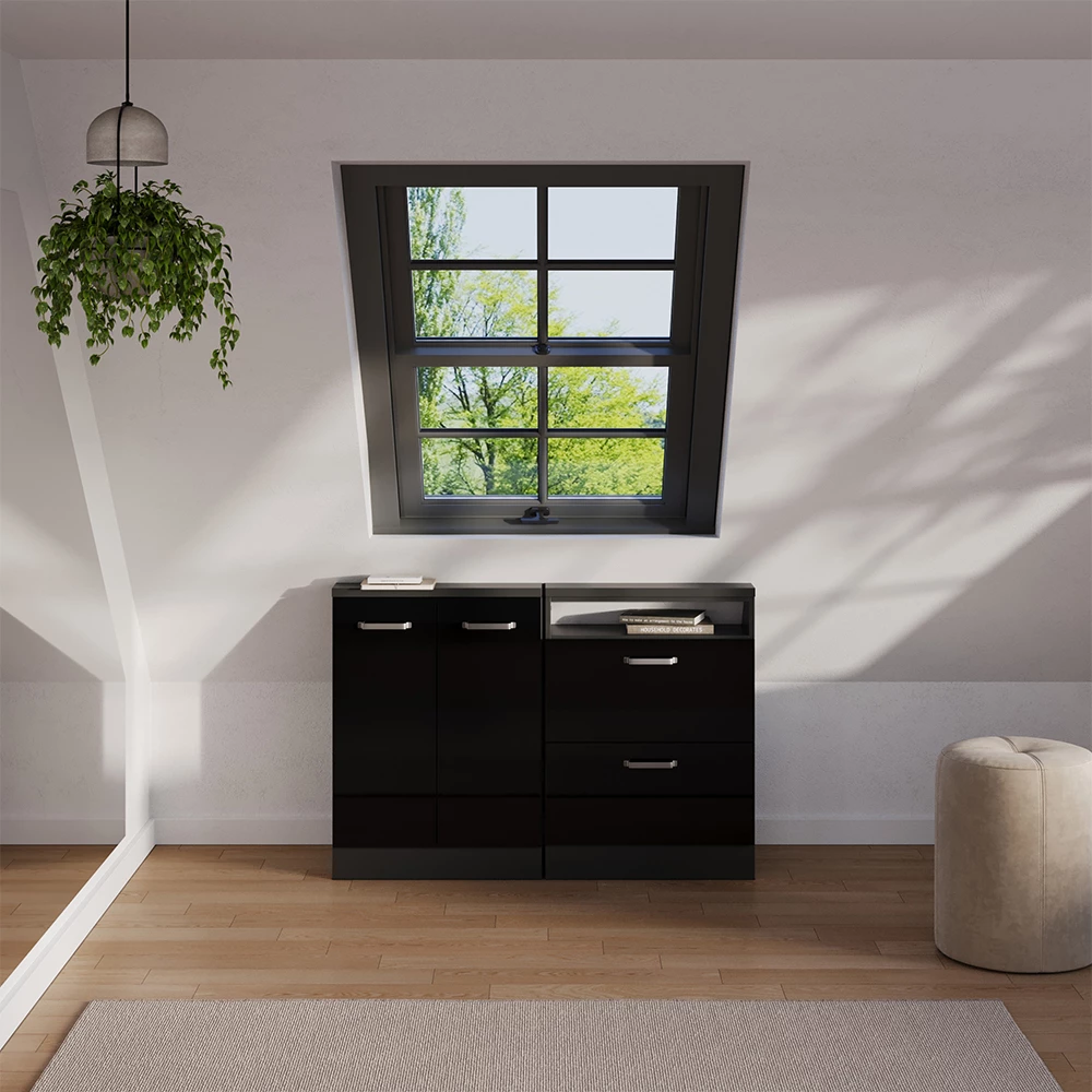 Skabssæt til skrå væg i farven Højglans sort/antracit på hvid baggrund