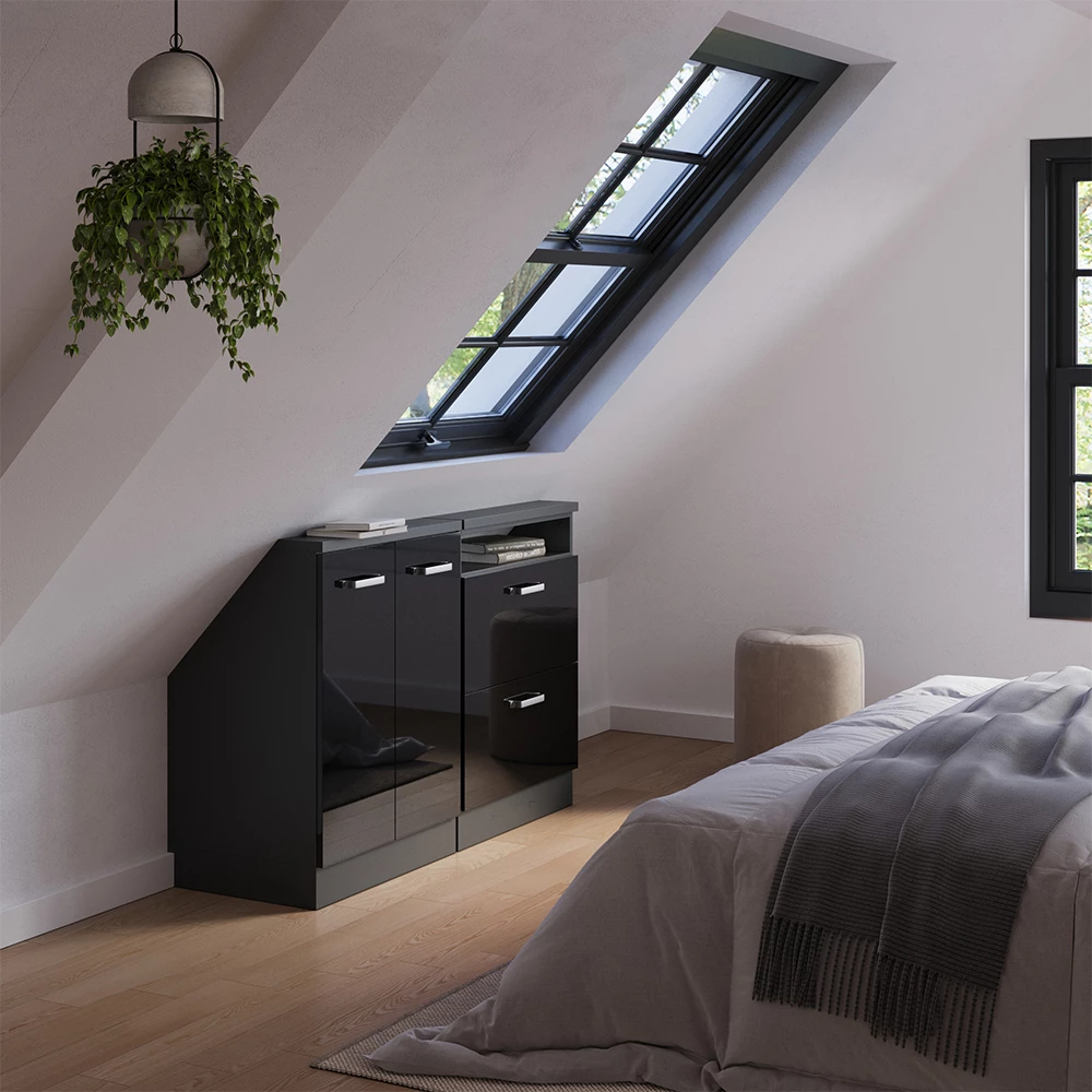 Nahaufnahme von Dachschrägenschrank-Set in Schwarz Hochglanz/Anthrazit, zeigt Design- und Oberflächendetails