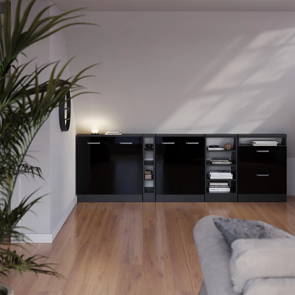Dachschrägenschrank-Set in Schwarz Hochglanz/Anthrazit auf weißem Hintergrund mit dekorativen Elementen