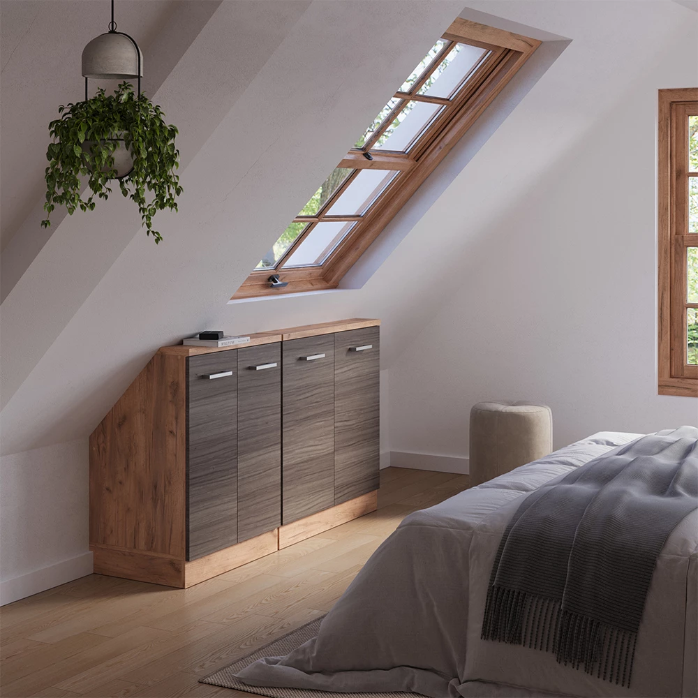 Nahaufnahme von Dachschrägenschrank-Set in Edelgrau/Goldkraft Eiche, zeigt Design- und Oberflächendetails