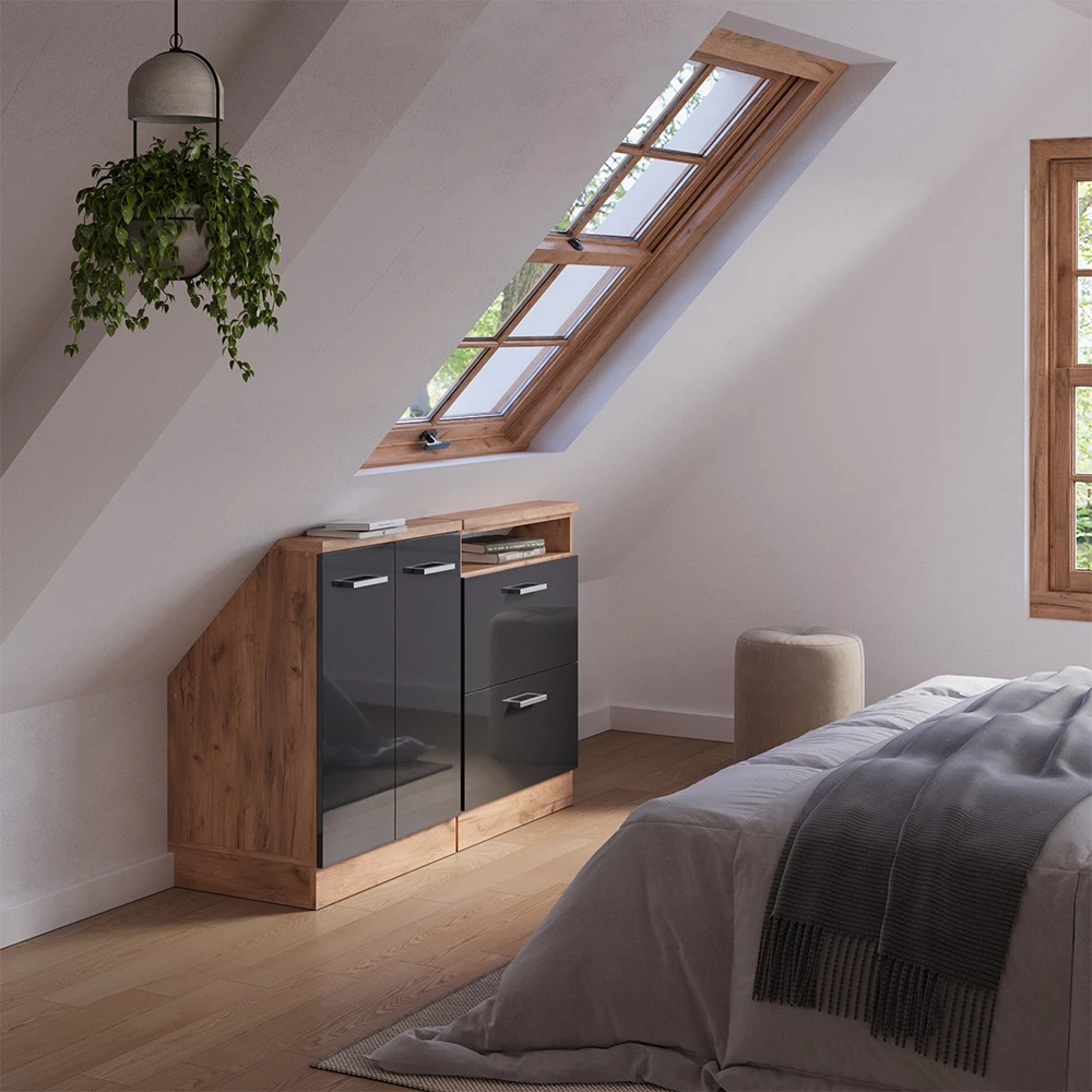 Nahaufnahme von Dachschrägenschrank-Set in Anthrazit Hochglanz/Goldkraft Eiche, zeigt Design- und Oberflächendetails