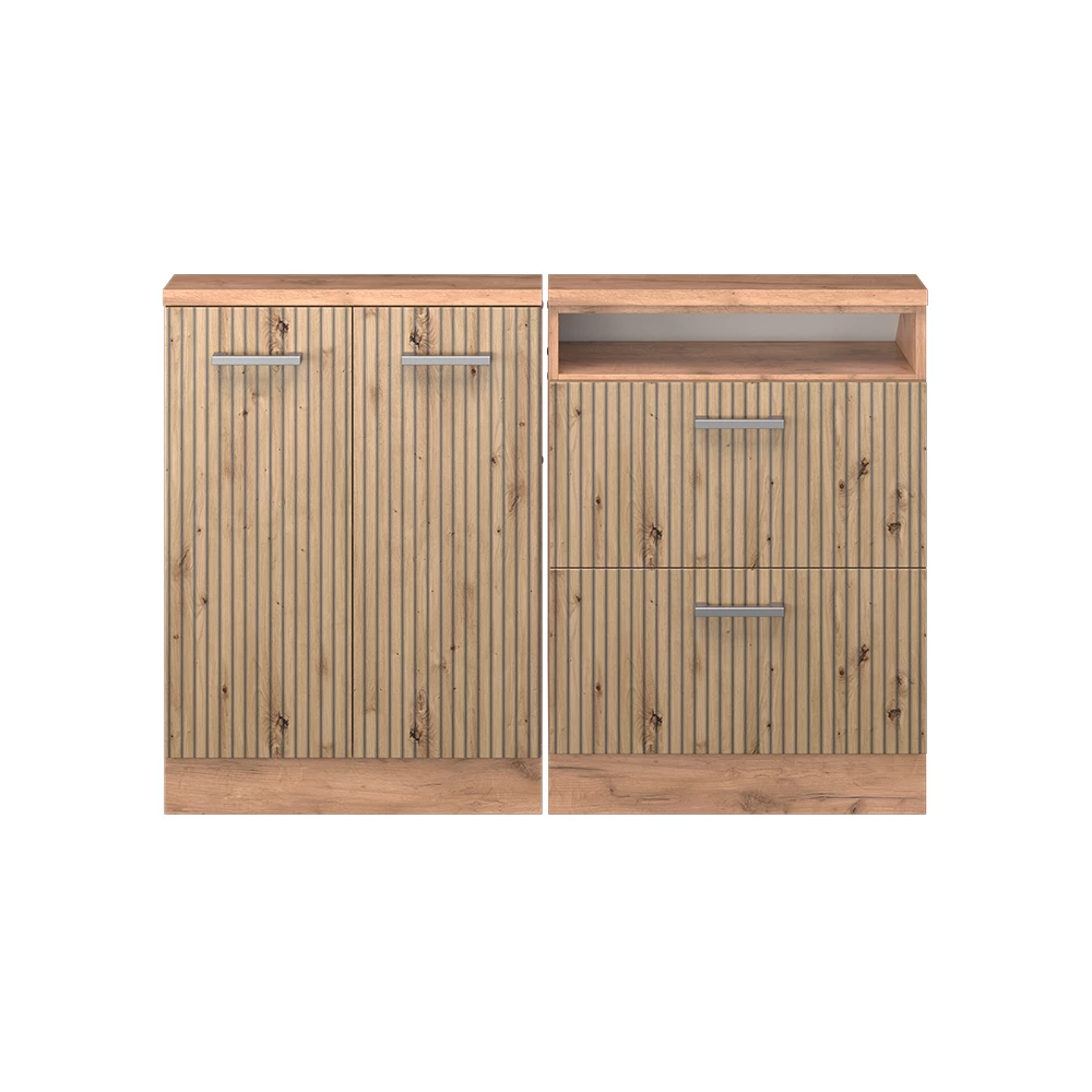 Nahaufnahme von Dachschrägenschrank-Set in Artisan-Eiche/Goldkraft Eiche, zeigt Textur/Details