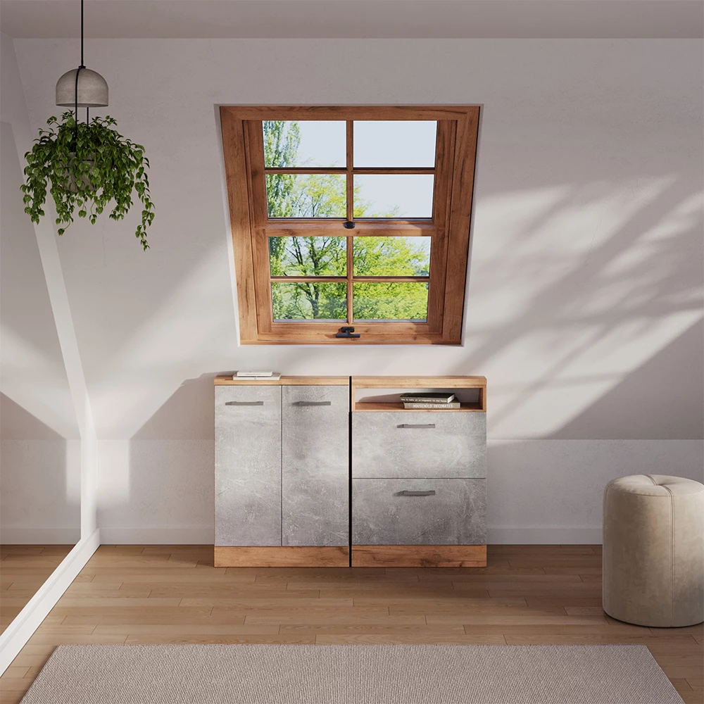 Skriňová súprava so šikmou strechou in Betón/zlatý dub on white background