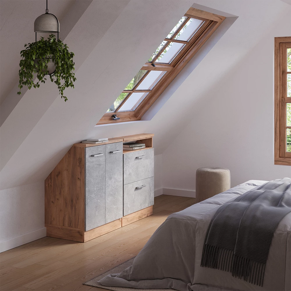 Nahaufnahme von Dachschrägenschrank-Set in Beton/Goldkraft Eiche, zeigt Design- und Oberflächendetails