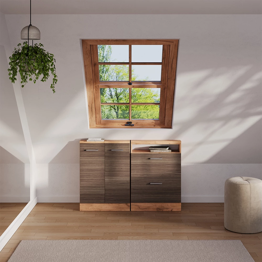 Snedtaksskåp in Ädelgrå/gyllene ek on white background