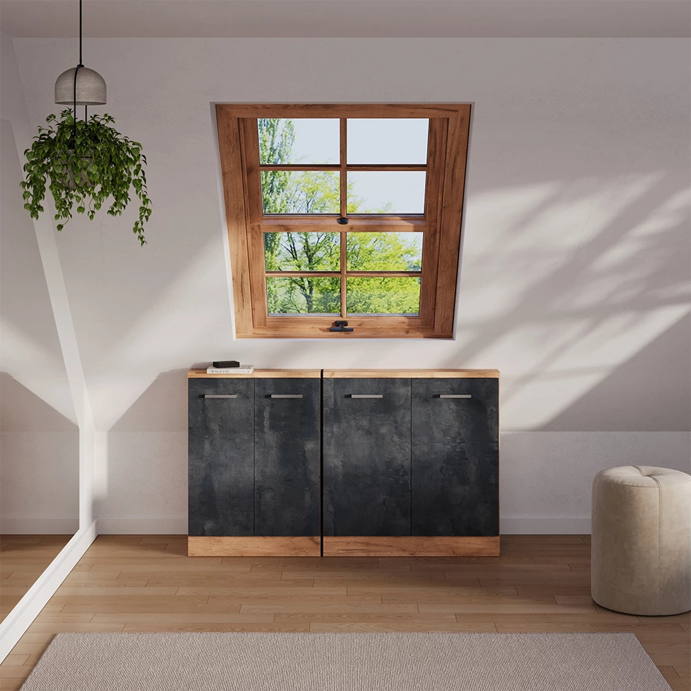 Set di mobili sottotetto in Calcestruzzo nero/quercia dorata su sfondo bianco